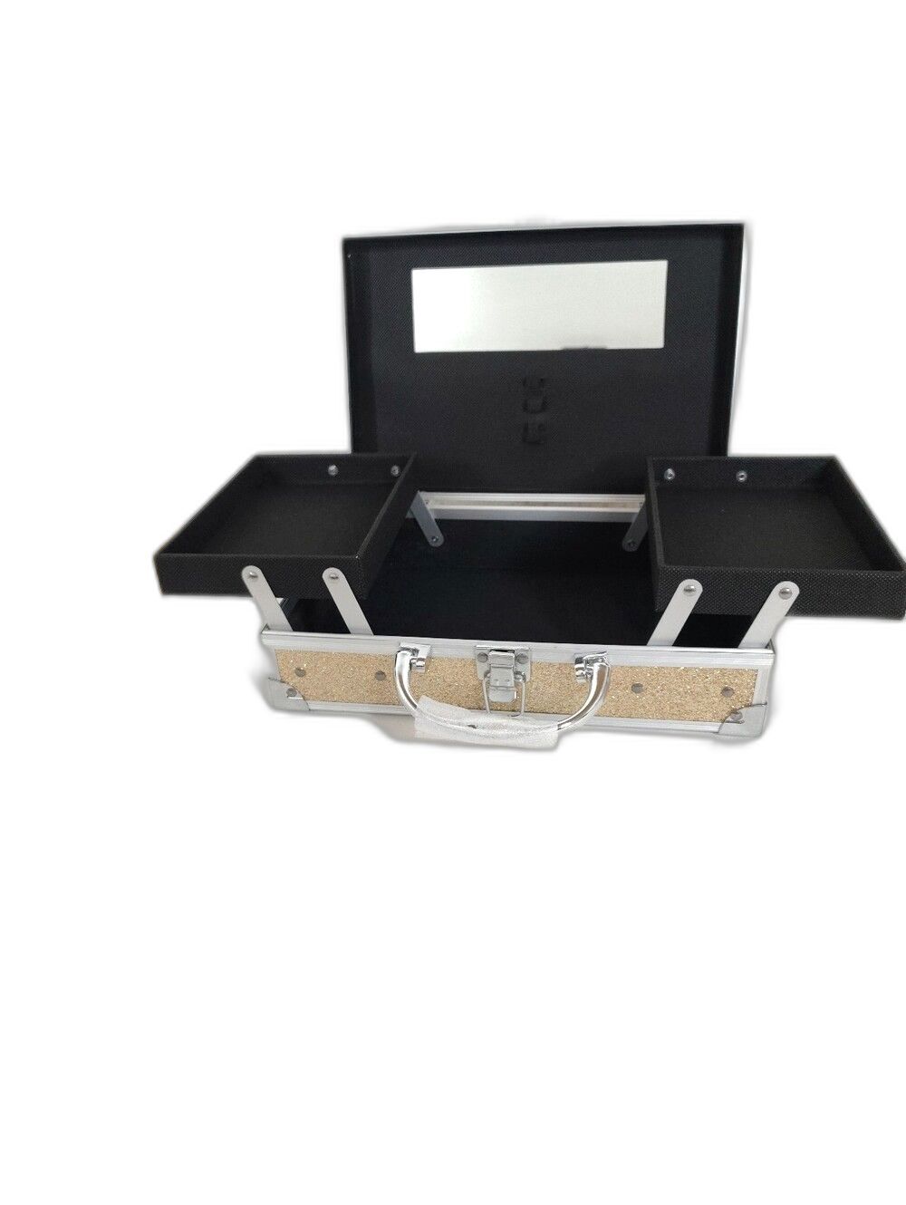 Cosmetic train case sparkling gold glitter exterior